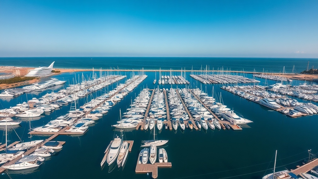 Aerial view of a modern marina full of docked boats